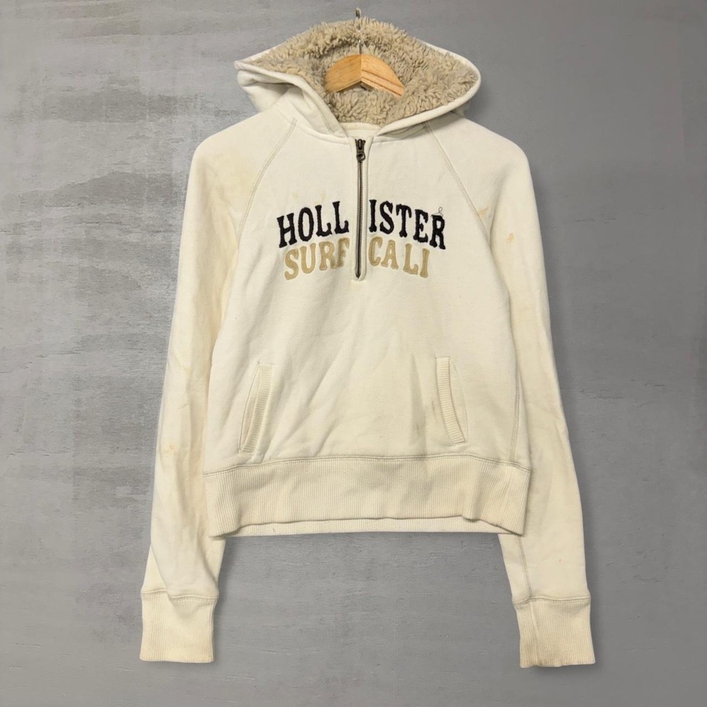Hollister Hoodie Cream Surf Cali Faux Fur Lined Quarter Zip‎ XL
